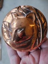 Vintage MCM Copper Cat Paperweight 3D Relief Embossed Midcentury Lion Calla Lily