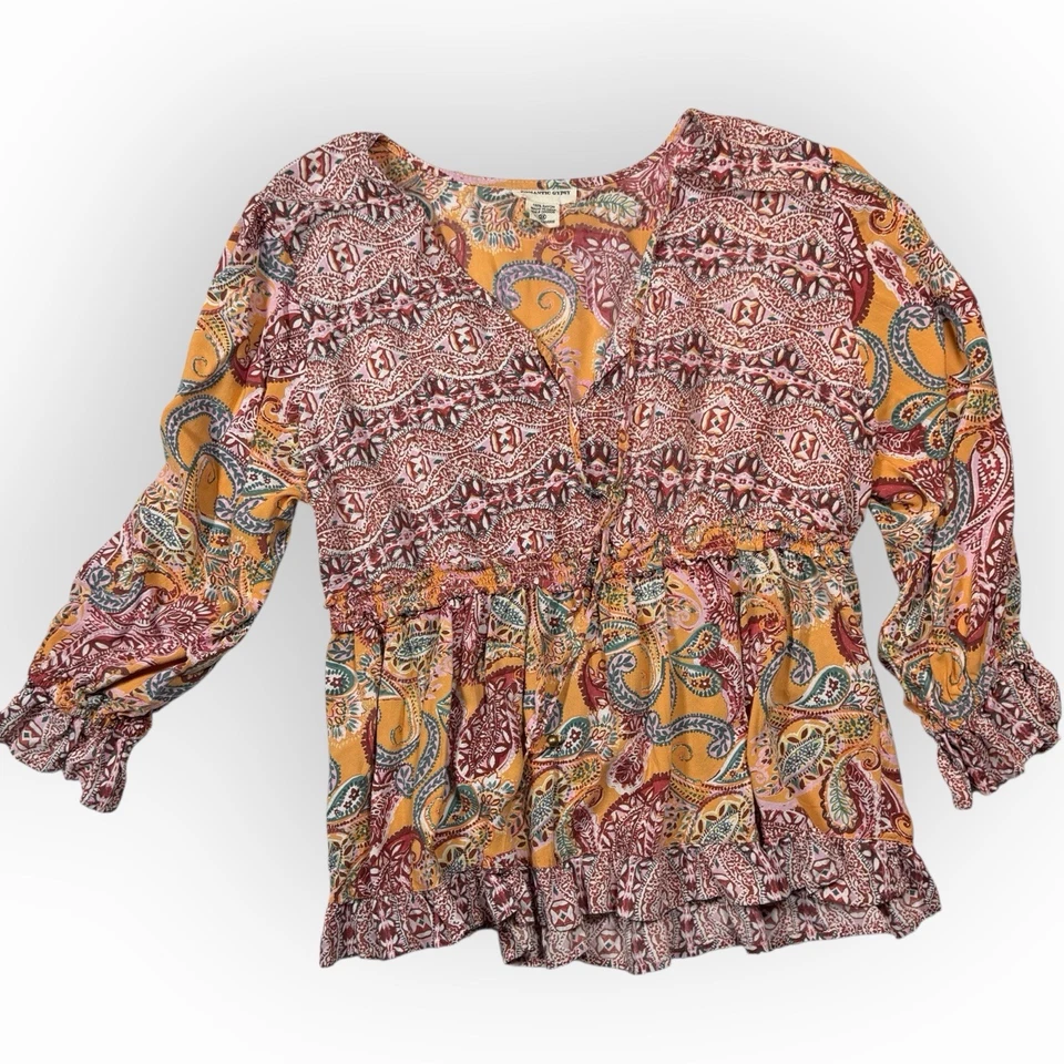 Romantic Gypsy Womens Plus 2X Orange Red Floral Paisley Smocked Ruffle Top Boho - Image 4 of 4