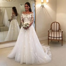 Long Sleeves Lace Wedding Dress Bateau Neck A Line Bridal Gown Tulle Sweep Train