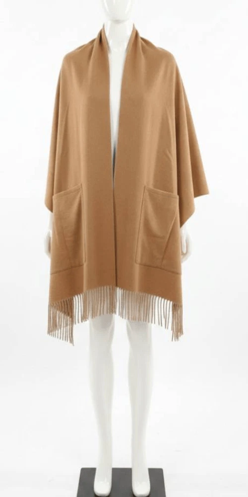 Massimo dutti women poncho scarf wrap wool long camel tan pockets boujee glamor