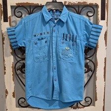 Vtg Bugle Boy Boys Blue Button Up Shirt Size 7 Striped Sleeve 90s Surf Retro