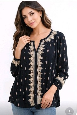 Lucky Brand Womens Black Embroidered Peasant Blouse Split V-Neck Small Boho Top