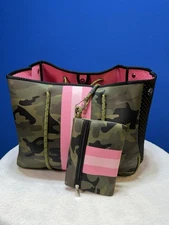 Neoprene Camo Tote Bag w/ Pink Stripe + Matching Pouch - Lightweight - NEW
