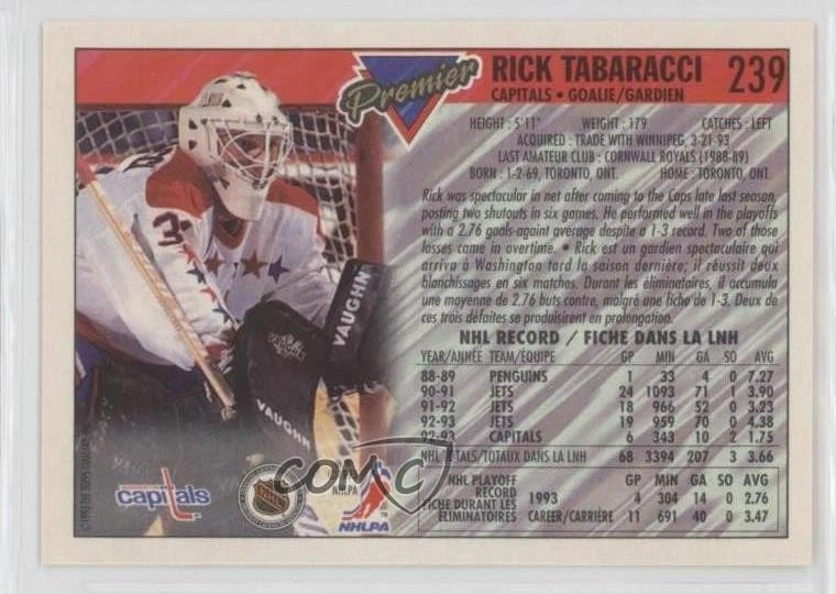 1993-94 O-Pee-Chee Premier Rick Tabaracci #239 - Image 2 of 2