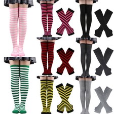 Women Striped Over Knee Thigh High Long Socks Arm Warmer Fingerless Gloves Set  