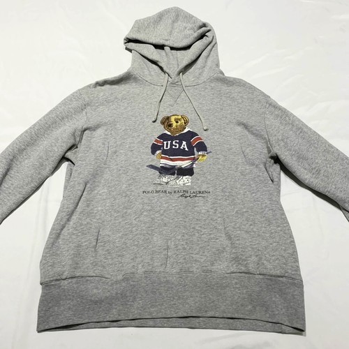 Polo Ralph Lauren USA Hockey Bear Hoodie Pockets Gray Size L Drawstring - Picture 5 of 9