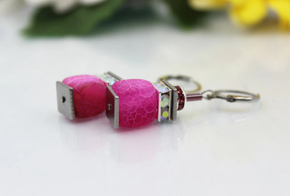 Würfelohrringe Ohrhänger Würfel Perlen Achat Pink Strass Edelstahl #L036 - Bild 2 von 4