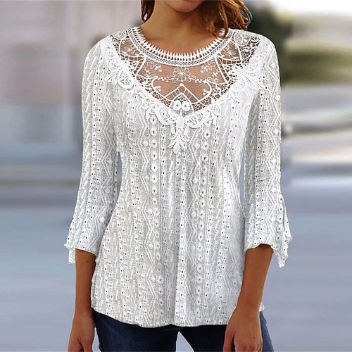 Spring Round Neck Long Sleeve Casual Blouse Lace Sleeve Solid Pullover T-shirts - Bild 12 von 38