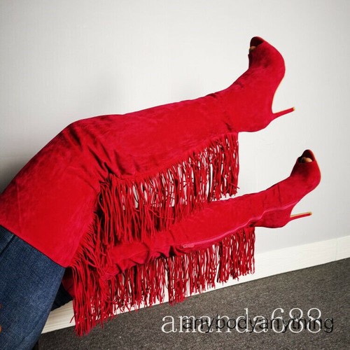 Sexy Womens Tassels Over The Knee Boots Thigh High Zip Boots Peep Toe Shoes Size - Picture 2 of 24