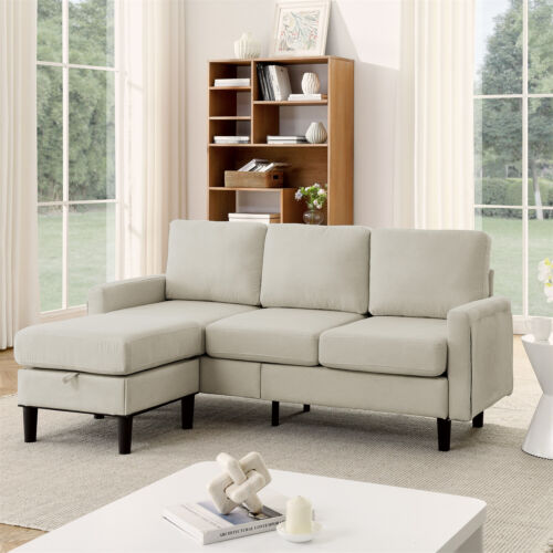 L-Shaped Sectional Sofa Couch 3 Seater Sofa w/ Storage Ottoman for Living Room
