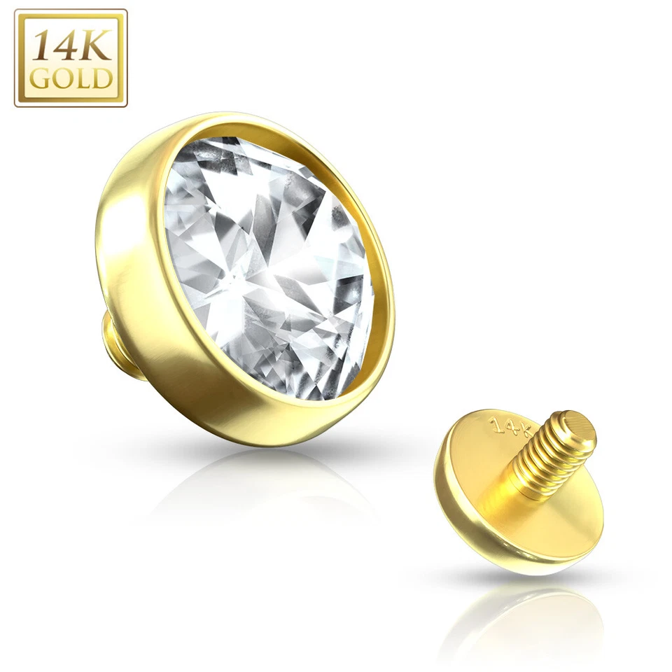 14K Solid Yellow Gold Flat Dome CZ Gem Micro Dermal Anchor Top 14g - Image 2 of 2