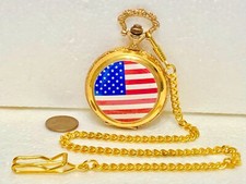 Beautiful Ornate Pocket Watch with Chain Gold Colored RW B US Flag Scene Riviera