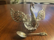 Silver Crystal Swan Open Salt Cellar With Spoon Marked  Belgique