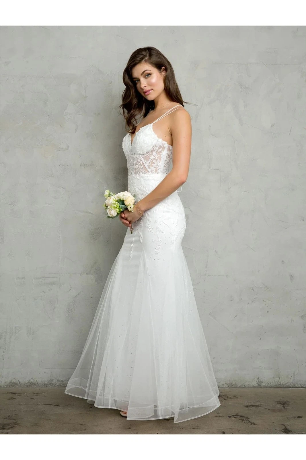 OFF WHITE Abito da ballo formale Eva USA 5257 lungo aderente con perline e paillettes