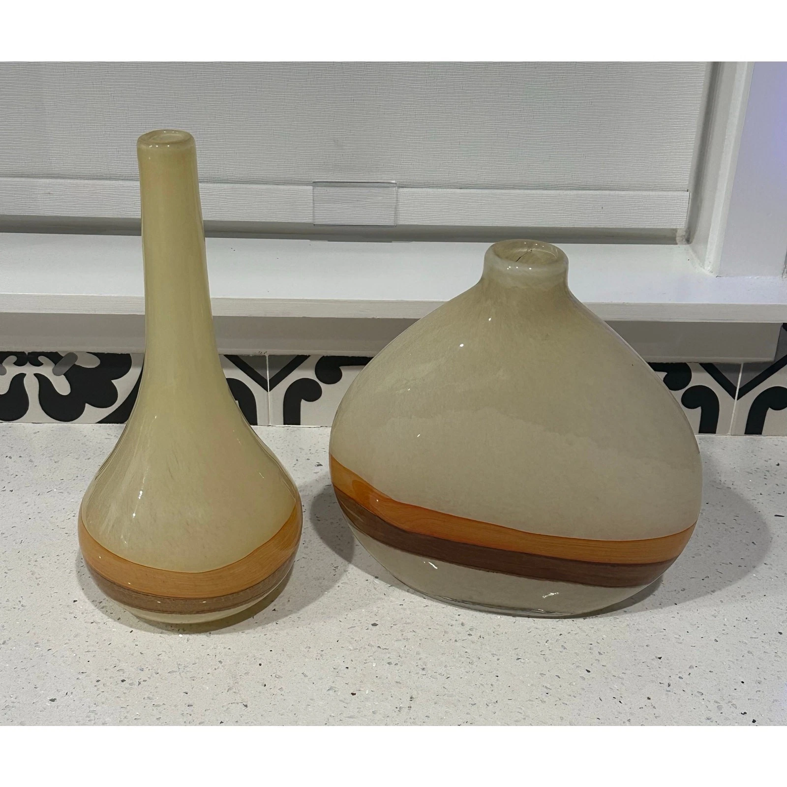 Pier 1 Set of 2 Art Glass Vases Brown & Orange 12" x 12" & 15”