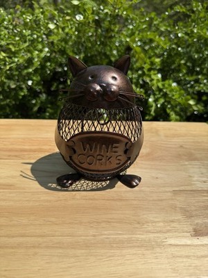 Cat Shaped Grid Pot Wine Corks Holder Metal Figurine 