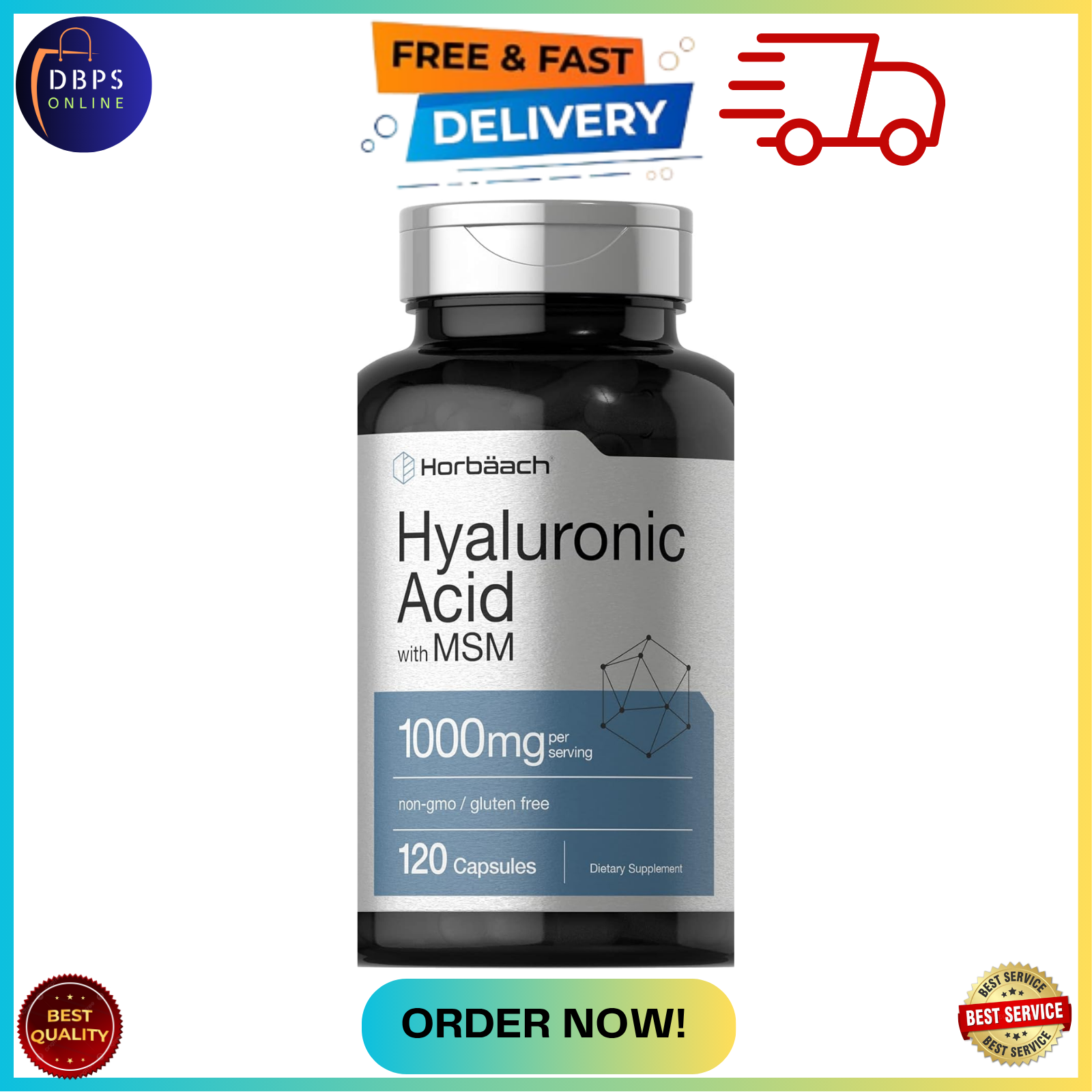 Hyaluronic Acid 1000mg with MSM | 120 Capsules | Non-GMO | Free Shipping-image
