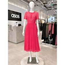 Asos Flowy Coral Pleated Lace Bodice Midi Dress Us 2