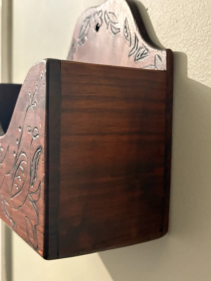 Antique Hand Carved Wooden Wall Pocket Mail Holder Folk Art Rustic Cottage Core - Image 3 of 4