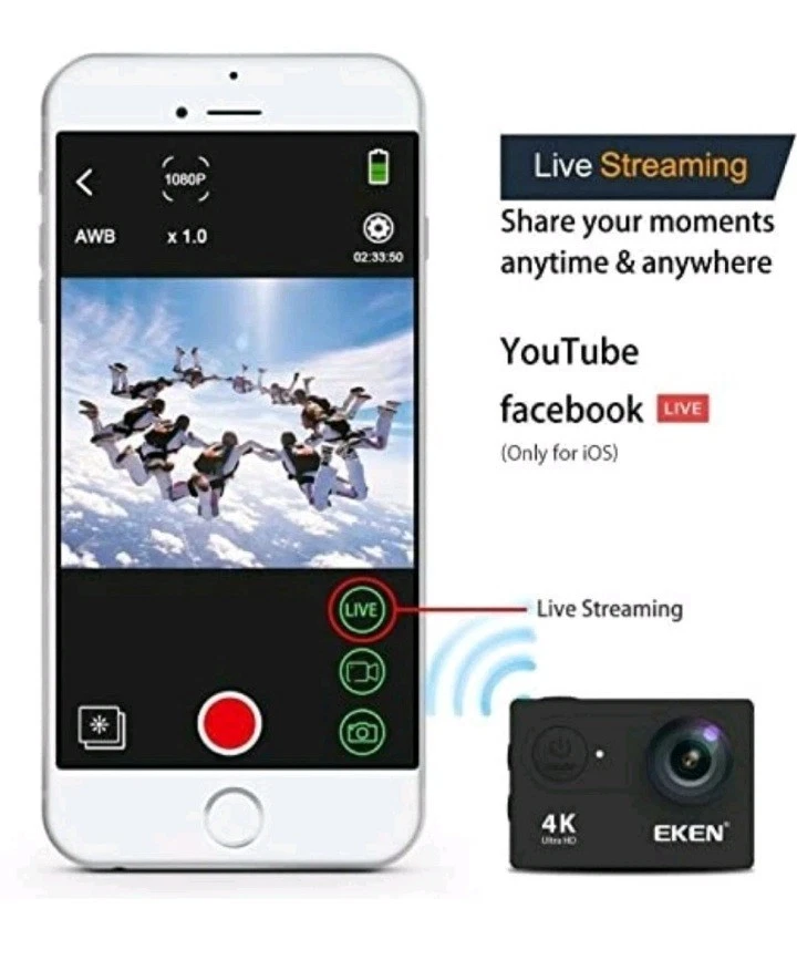 Eken H9S sports action camera 4K ultra HD 12MP wifi waterproof black  - Image 3 of 3