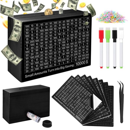 Wooden Money Box 10000 Savings Challenge with 8 Targets $500-$10k Cash ...