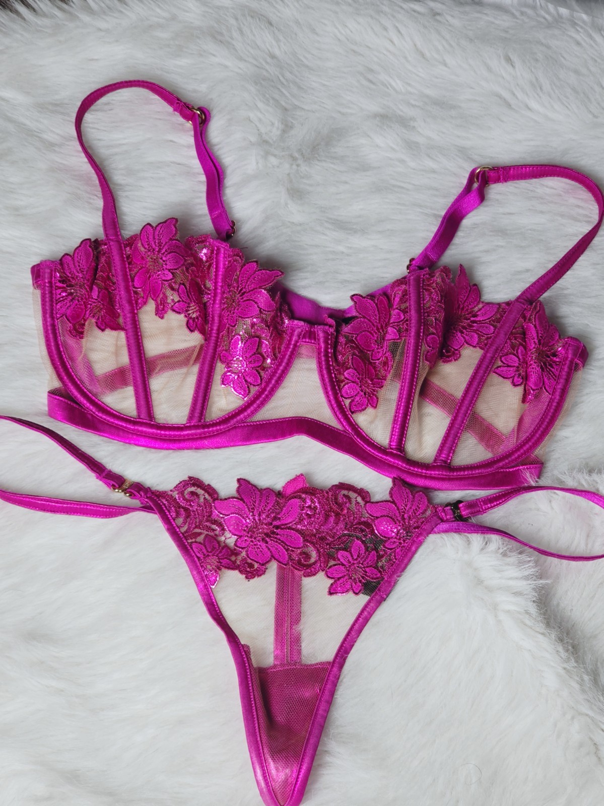 ₊⊹Honey Birdette Amelie Hot Pink Metallic Floral Sheer Bra 32DDD Thong Full Set⊹