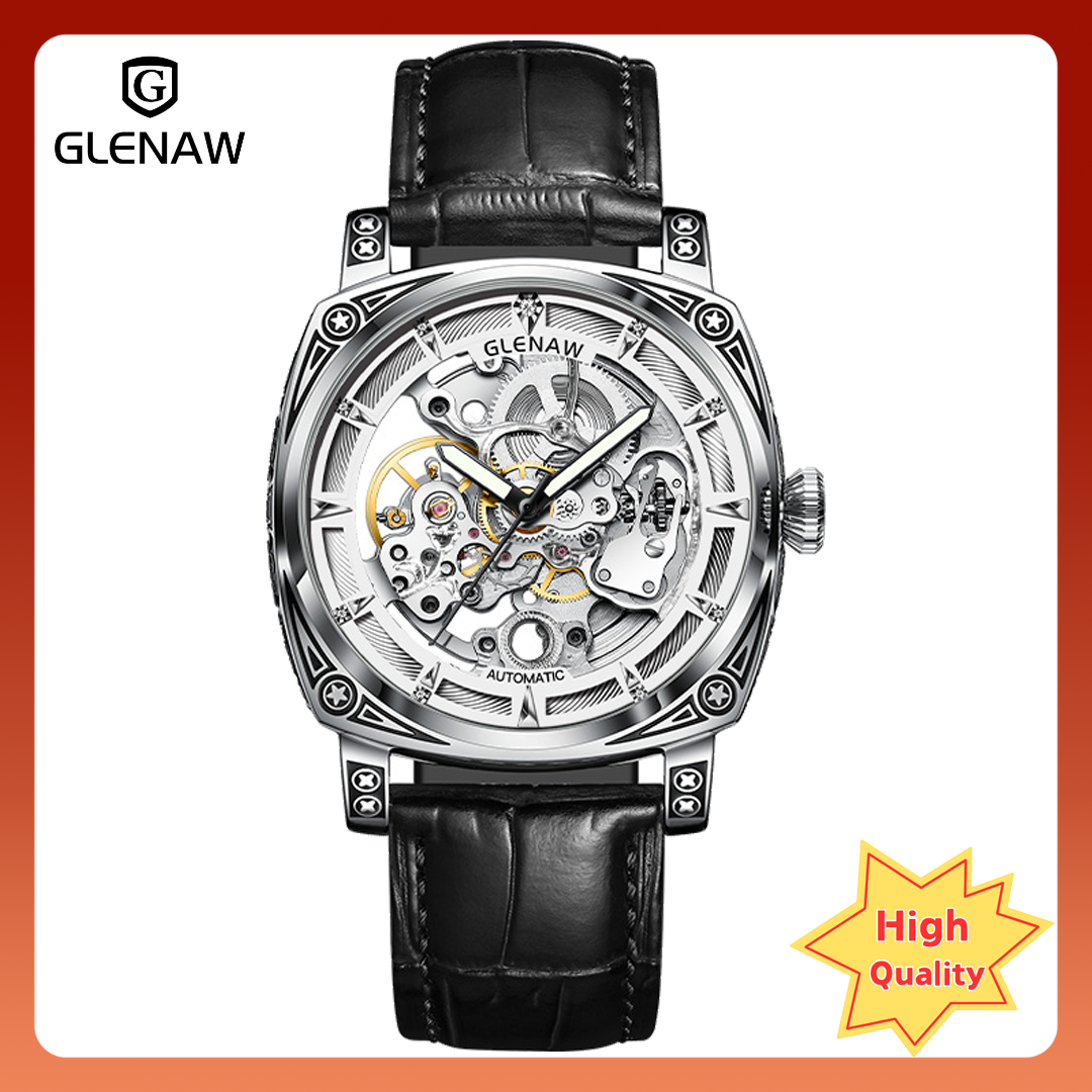 GLENAW Men's Watch retro skeleton dial automatic winding 3ATM waterproof