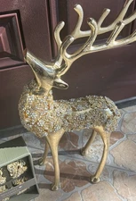 16” Christmas Decor Gold Metal Deer table and  napkin  set  Crystals NEW