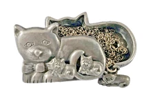 VINTAGE TORINO PEWTER CAT TRINKET BOX W/BROOCH NECKLACE AND EARRINGS 