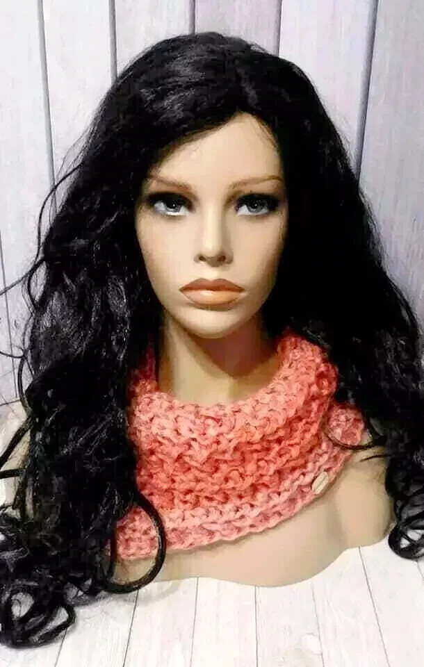 Chunky handmade crochet cowl scarf bandanna in poppy coral by USA seller