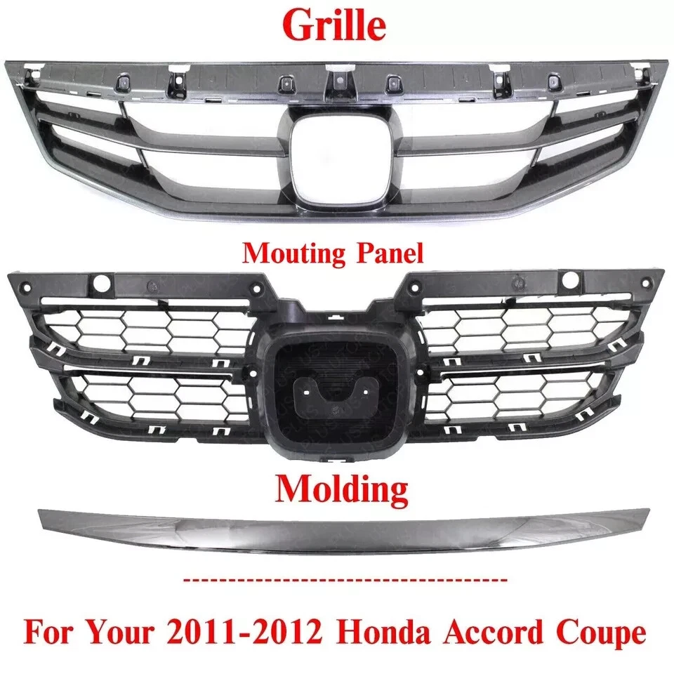 Front Grille Assembly + Mounting Panel + Chrome Molding For 2011-12 Honda Accord Foto 2 de 2