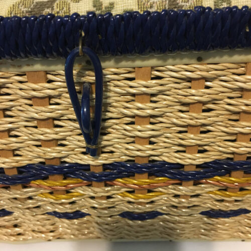 Vintage Woven Wicker Sewing Basket With Tapestry Top And Tray Inside - Picture 3 of 9