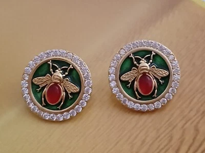 Boucles d'oreilles "Abeille" en plaqué or émaillé avec des cristaux en zircon - Photo 1/4