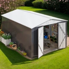 10x14FT Outdoor Metal Storage Shed with Durable Frame and Lockable Door, White