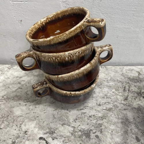 Set Of 4 Hull Pottery USA Ovenproof Brown Drip 5" Finger Handle Soup Chili Bowl