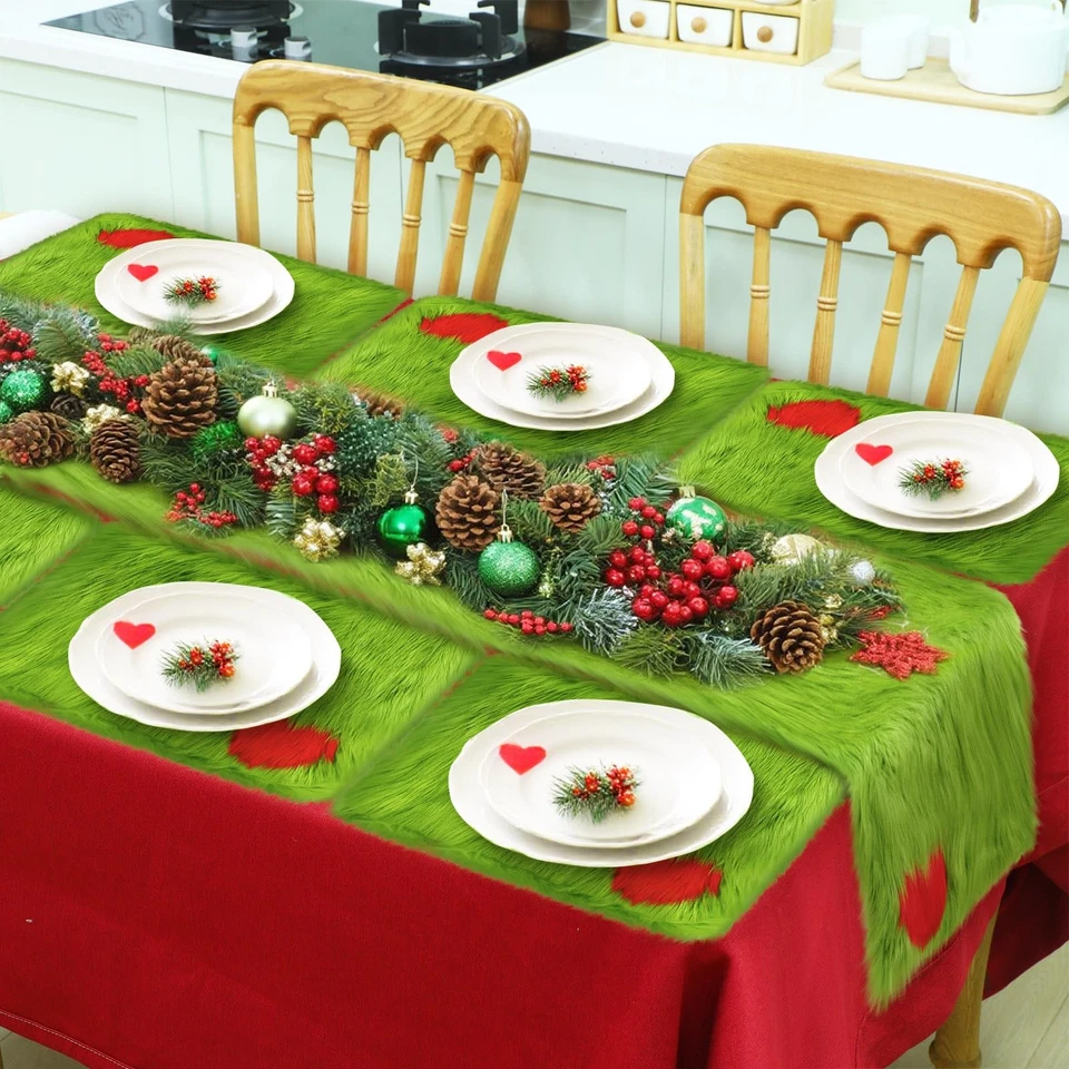 7 Pcs Christmas Lime Green Faux Fur Table Runner and Placemat Set 72 x 13 Inc... - Image 3 of 4