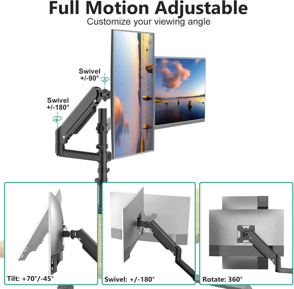 WALI Dual Monitor Mount, 13-32 Inch Adjustable Spring Arm Black  - Image 2 of 4