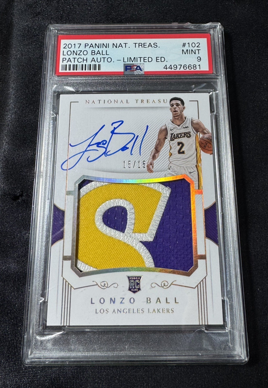 PSA 9 Lonzo Ball 2017-18 National Treasures Rookie Auto #/15 POP 1 NONE HIGHER view 3