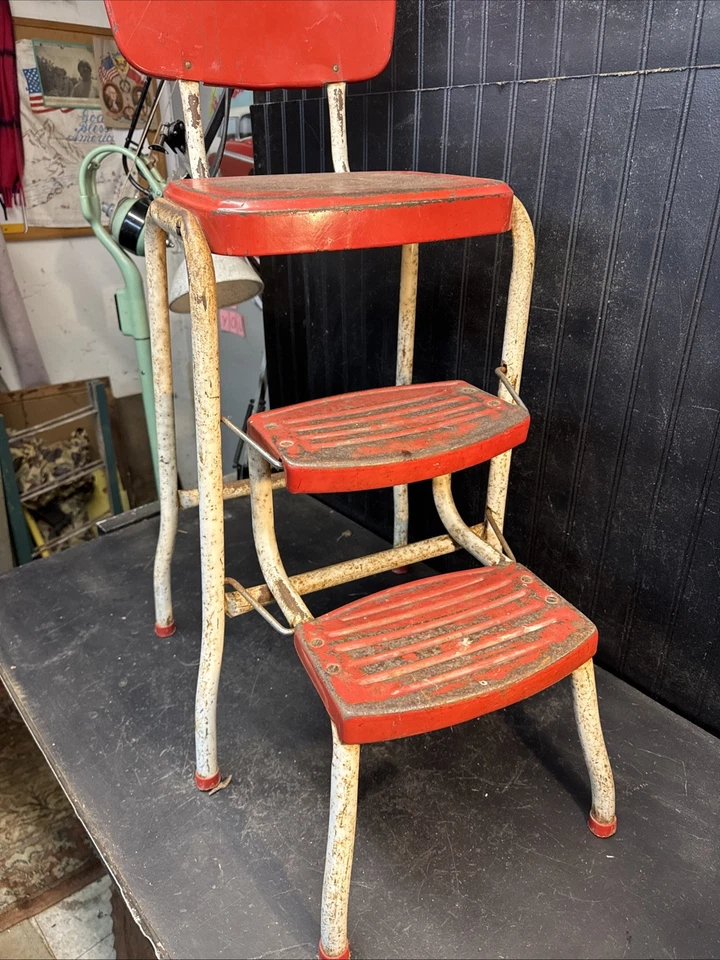 Primitive Century Cosco Retro Style Farmhouse Counter Chair/Step Stool Red White - Image 3 of 4