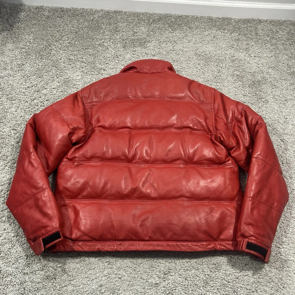 Men’s Red Real Leather Puffer Jacket Vintage Bomber Coat Winter Warm Outerwear - Image 2 of 4