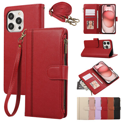 For iPhone 16 Pro Max 15 Pro 14 13 12 11 Zipper Wallet Cover Leather Phone Case