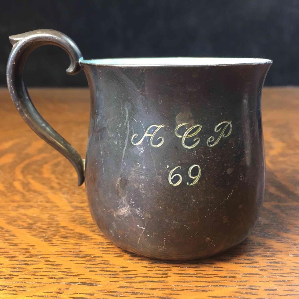 Vintage Reed & Barton 866 Baby Boy Silver Plated Cup Blue Enamel