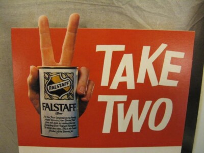 Pair of NOS Vintage FALSTAFF Beer Signs ''Take 2'' Die-Cut PEACE SIGN 1960s Easel