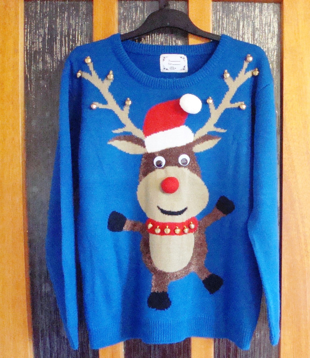Rudolph Christmas jumper, Medium, Blue, Atmosphere, bells, moving eyes,  reindeer