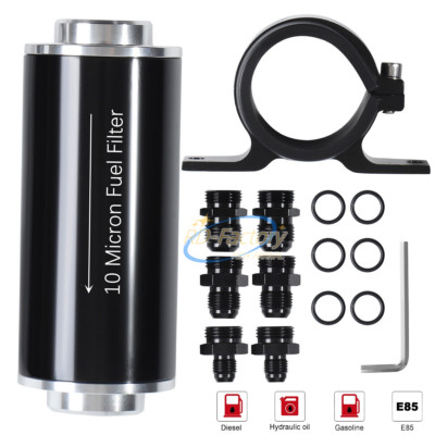 10 Micron Inline Fuel Filter 3/8 6AN 8AN 10AN Adapter Fitting Mount Bracket