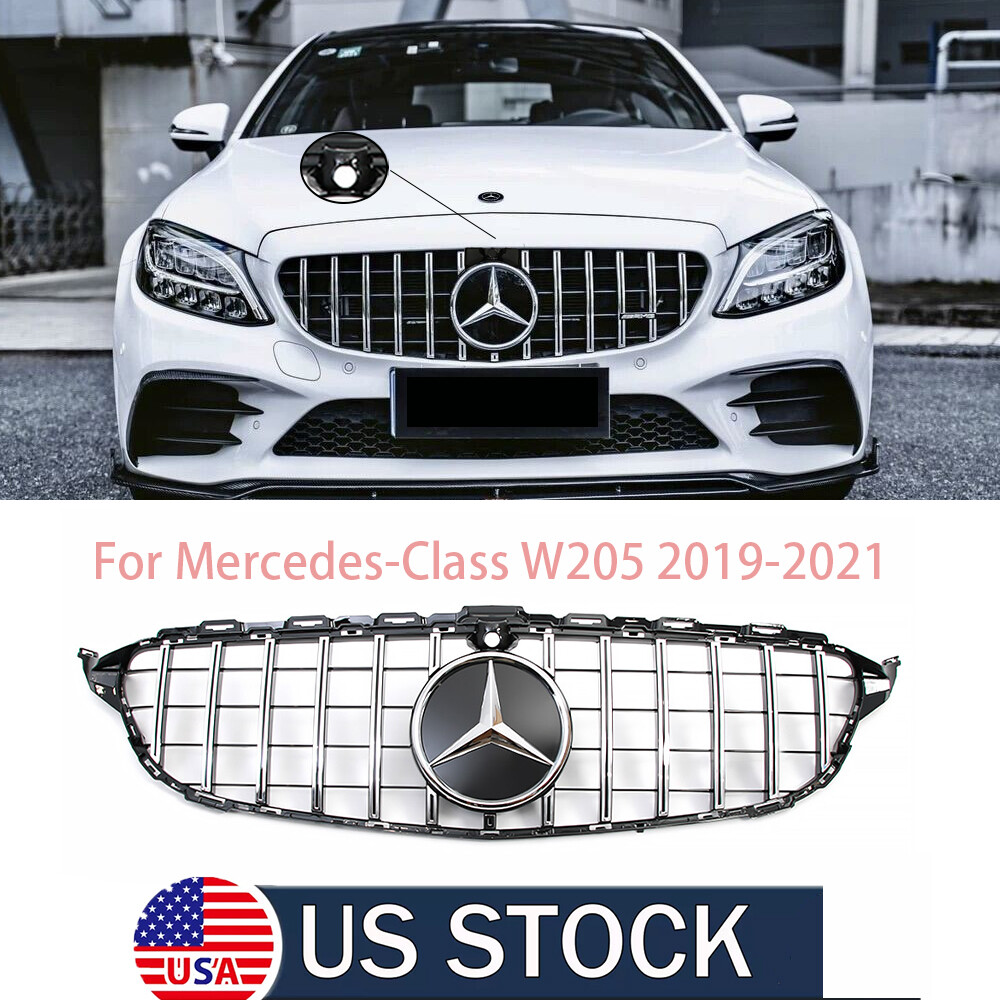 Silver Grille With Camera Hole For Mercedes-Benz W205 C-Class C300 C43 2019-2021