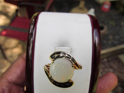 Vintage 10k Solid Yellow Gold Opal Ring 10mm Large Opal Stone Size 6 Birth Stone - Picture 2 of 11
