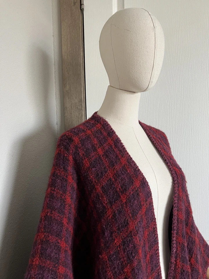 Boyne Valley Weavers Boiled Wool Blend Check Handcrafted in Ireland Poncho Red - Image 4 of 4