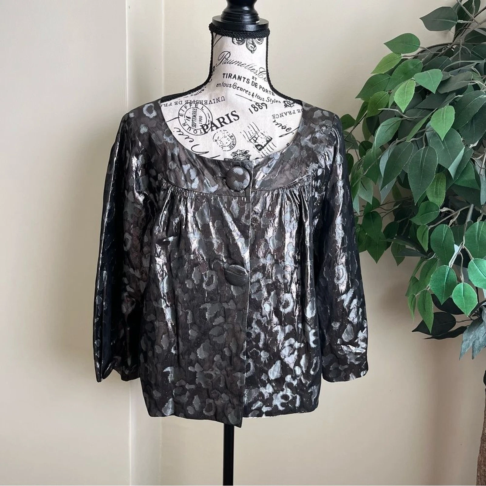 Giacca Tory Burch con cappuccio e stampa leopardata metallizzata argento scuro taglia 14