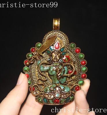 Tibetan bronze Inlay gem Hold sword Tara Kwan-Yin Buddha pendant